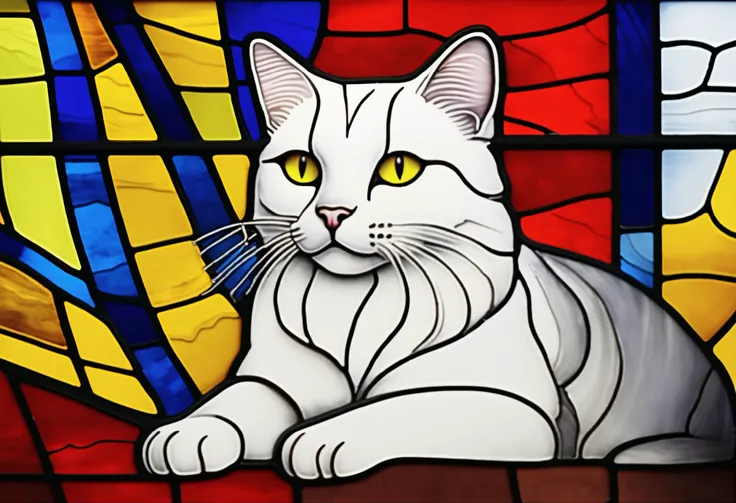stained glass style、cat、realistic
