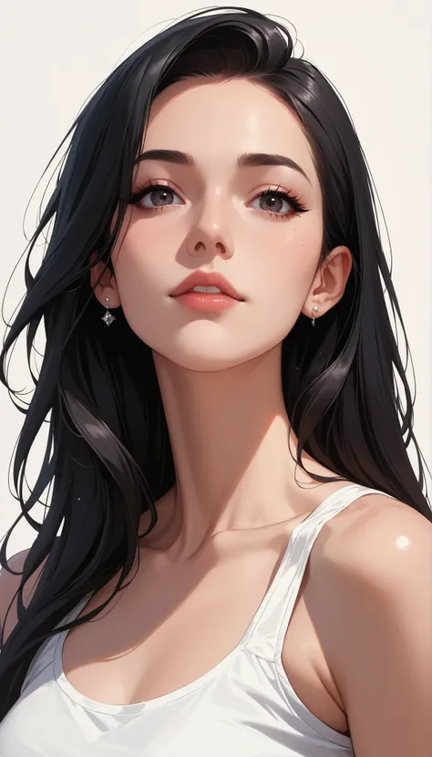 Female 1, medium long hair, black hair, chest, dark eyes, simple background/ no background , vertical drawing style , lots of white space, Illustrations, 黒いドレスHigh Quality, 最High Quality , High Detail , High Quality, HD model, very well detailed,