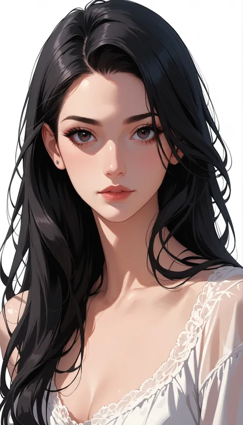Female 1, medium long hair, black hair, chest, dark eyes, simple background/ no background , vertical drawing style , lots of white space, Illustrations, 黒いドレスHigh Quality, 最High Quality , High Detail , High Quality, HD model, very well detailed,