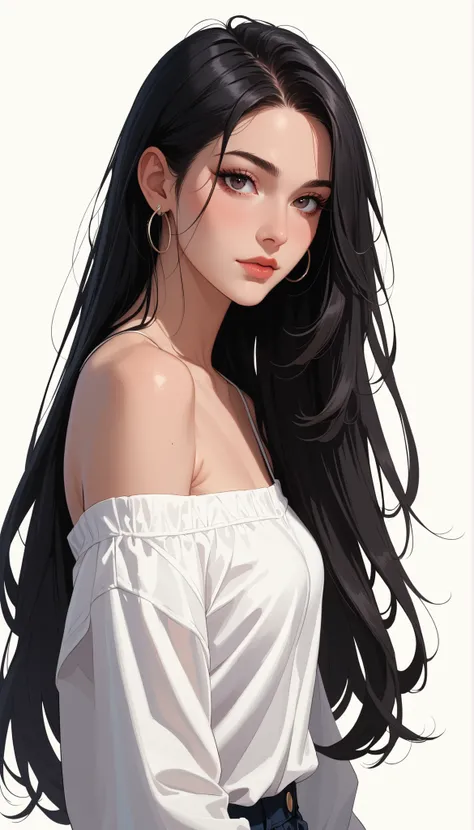 Female 1, medium long hair, black hair, chest, dark eyes, simple background/ no background , vertical drawing style , lots of white space, Illustrations, 黒いドレスHigh Quality, 最High Quality , High Detail , High Quality, HD model, very well detailed,