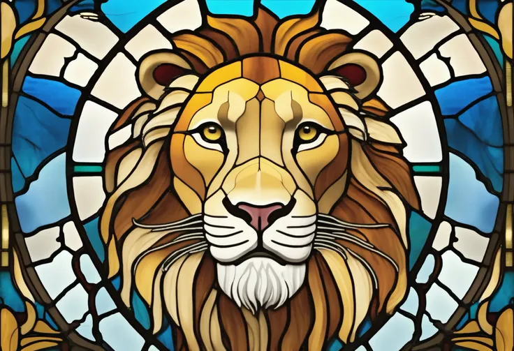 stained glass style、lion、realistic