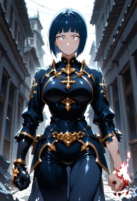 score_9,score_8_up,score_7_up,solo,looking at viewer, Hyūga_Hinata's/Boruto, White Eyes, short hair,bangs,shirt,Dark Blue hair,(Old West), a Cyber Templar in black (the secret underground bar，What are the stories of debauchery and extravagance Passionate l...