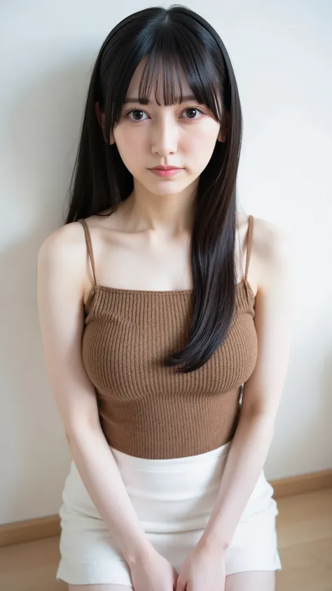 1 girl, solo, long hair, photo shoot, white skin,  long hair with bangs, (I'm wearing a knitted tank top with thin straps, plated miniskirt), Natural Breasts,  Look at the viewers , 4K, Japanese woman with crossed thighs.