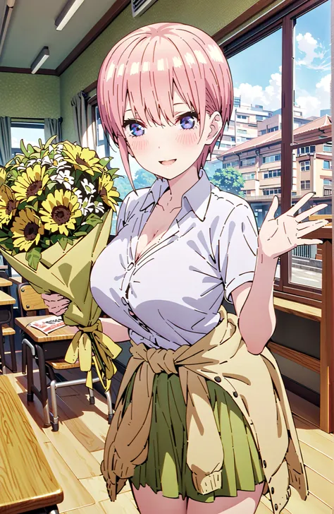 Nakano Ichika, short hair, bungs, blue eyes, hair between eyes, pink hair,Big Breasts, cleavage,in their 40s skirt, shirt, uniform, white shirt, Short Sleeves, green mini pleated skirt, collared shirt, white socks, yellow clothes around the waist,Short sle...