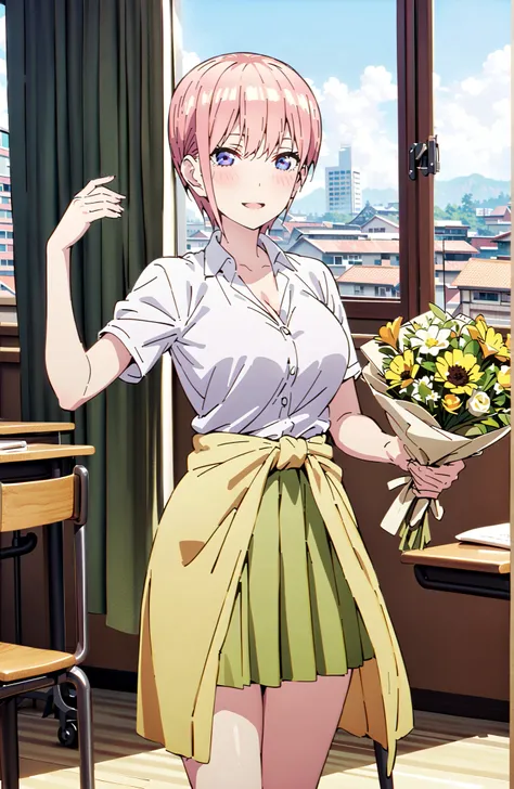 Nakano Ichika, short hair, bungs, blue eyes, hair between eyes, pink hair,Big Breasts, cleavage,in their 40s skirt, shirt, uniform, white shirt, Short Sleeves, green mini pleated skirt, collared shirt, white socks, yellow clothes around the waist,Short sle...