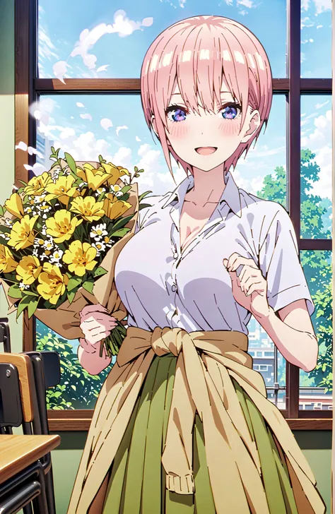 Nakano Ichika, short hair, bungs, blue eyes, hair between eyes, pink hair,Big Breasts, cleavage,in their 40s skirt, shirt, uniform, white shirt, Short Sleeves, green mini pleated skirt, collared shirt, white socks, yellow clothes around the waist,Short sle...