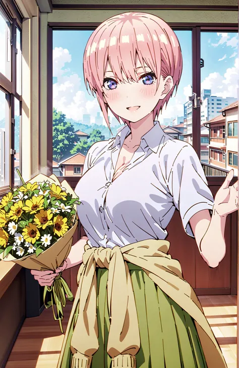 Nakano Ichika, short hair, bungs, blue eyes, hair between eyes, pink hair,Big Breasts, cleavage,in their 40s skirt, shirt, uniform, white shirt, Short Sleeves, green mini pleated skirt, collared shirt, white socks, yellow clothes around the waist,Short sle...