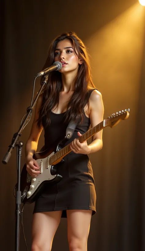 a beautiful girl in black mini skirt is singing and playing electric guitar on stage