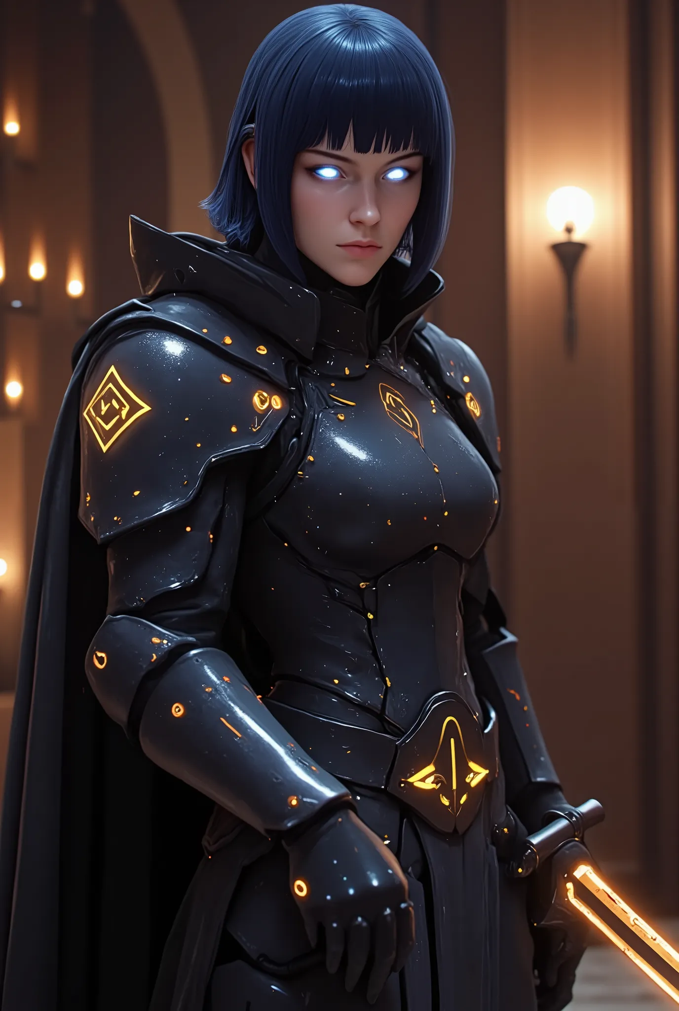 score_9,score_8_up,score_7_up,solo,looking at viewer, Hyūga_Hinata's/Boruto, White Eyes, short hair,bangs,shirt,Dark Blue hair,(Old West), a Cyber Templar in black (the secret underground bar，What are the stories of debauchery and extravagance Passionate l...