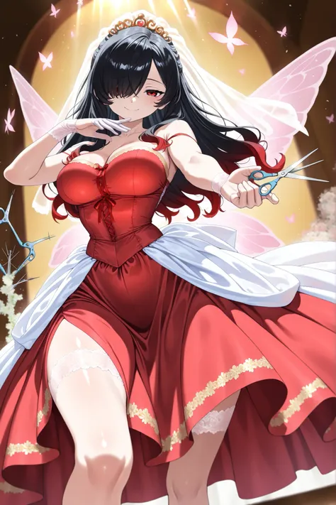 1 girl, Kuroki Monika, red eyes, gradient hair, black hair, red hair, long hair, asymmetrical hairline, hair over right eye, ((large breasts)), (petite but curvy), very cute, lovely, solo, standing in the center wearing a red dress, many Little fairies wi...