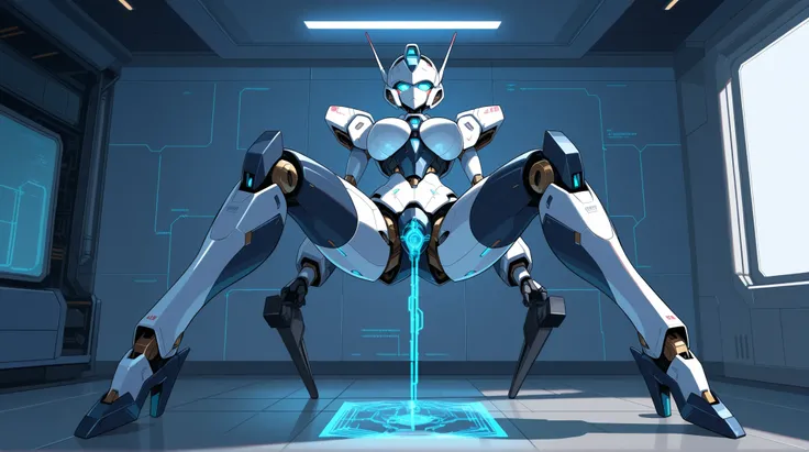 female robot, Mecha Spider Legs, precision circuit , Precision machinery, clear parts, Big Breasts, Mega-particle cannon in the crotch, Coordination Room,