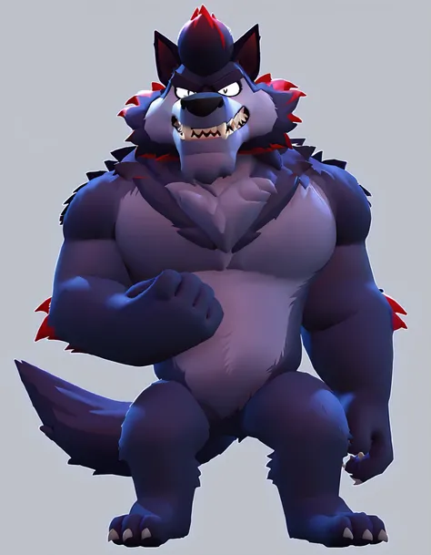 score_9, score_8_up, score_8 ,  rating_questionable <lora:brawl_style_1_2:0.85, {tall}, source_cartoon, solo, 1boy,Flasheart ,(( dark blue fur , wolf, tail, black nose, wolf ears, sharp teeth, fangs, furry, anthro))+, red highlights, furry male, muscular, ...