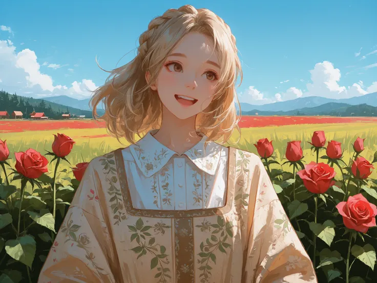 upper shot, front shot, a beautiful girl, medium blonde hair, wave hair, brown eyes, happy, Bulgarian Folk Costumes with rose pattern, Round collar shirt with embroidery, rose festival, blue sky