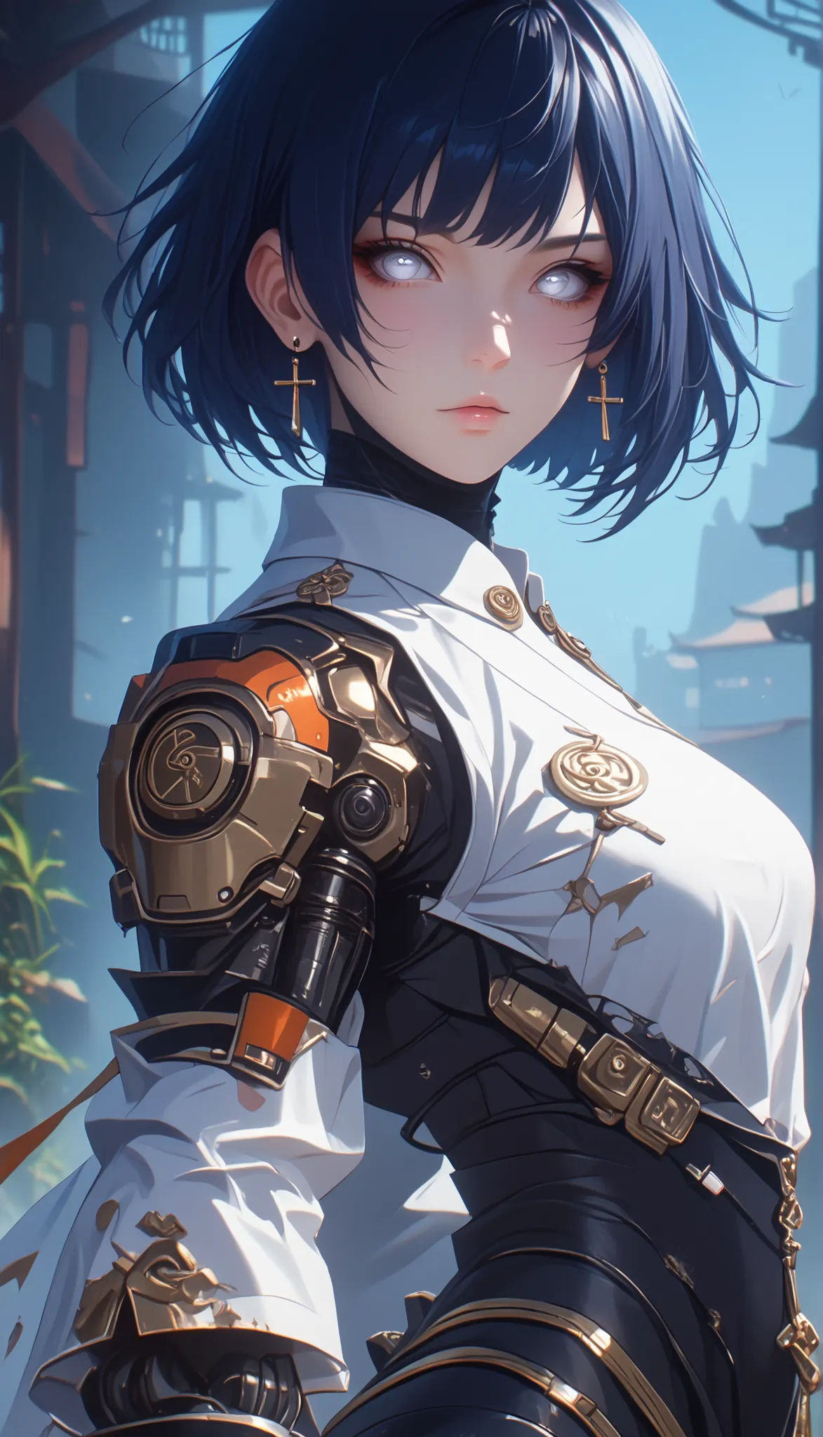 score_9,score_8_up,score_7_up,solo,looking at viewer, Hyūga_Hinata's/Boruto, White Eyes, short hair,bangs,shirt,Dark Blue hair,(Old West), a Cyber Templar in black (the secret underground bar,What are the stories of debauchery and extravagance Passionate l...