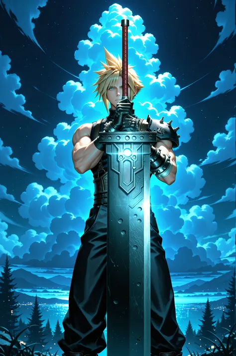 masterpiece, best quality, amazing quality, very aesthetic, high resolution, ultra-detailed, absurdres, newest, holding buster sword, 1man, Cloud Strife, final fantasy, 1man, blonde_hair, outside, night time, masterpiece, best quality, amazing quality, ve...