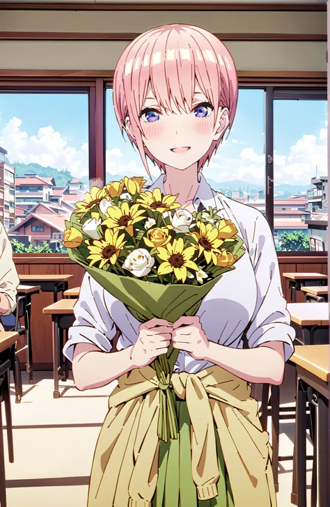 Nakano Ichika, short hair, bungs, blue eyes, hair between eyes, pink hair,Big Breasts, cleavage,in their 40s skirt, shirt, uniform, white shirt, Short Sleeves, green mini pleated skirt, collared shirt, white socks, yellow clothes around the waist,Short sle...
