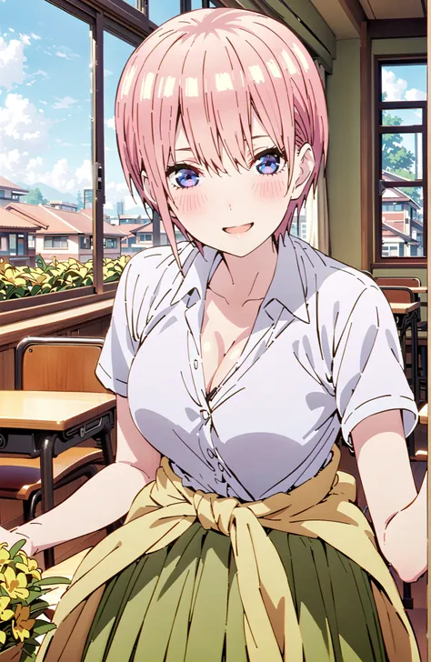 Nakano Ichika, short hair, bungs, blue eyes, hair between eyes, pink hair,Big Breasts, cleavage,in their 40s skirt, shirt, uniform, white shirt, Short Sleeves, green mini pleated skirt, collared shirt, white socks, yellow clothes around the waist,Short sle...