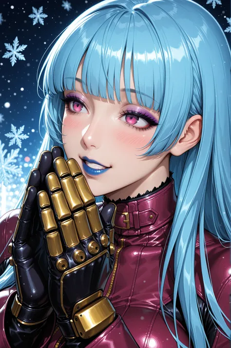 masterpiece, best quality, absurdres, newest, very aesthetic, amazing quality,highres, Kula Diamond \(king of fighters\), blue hair, hime cut, purple eyes, gloves, (1girl), (detailed face:1.2), (detailed eyes:1.3), black eyeliner,purple eyeshadow, blue lip...