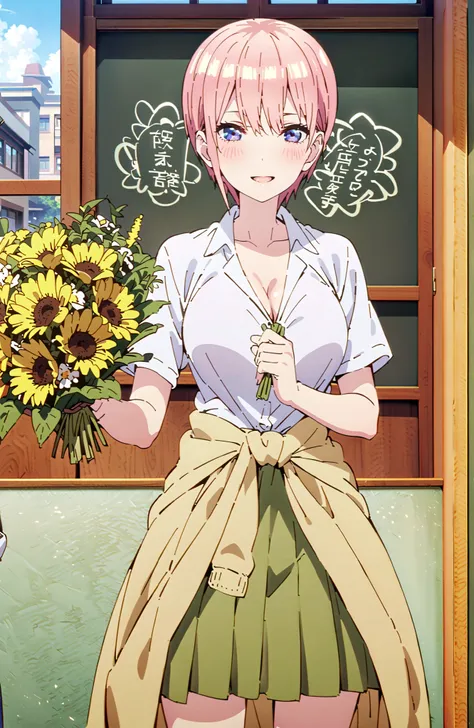 Nakano Ichika, short hair, bungs, blue eyes, hair between eyes, pink hair,Big Breasts, cleavage,in their 40s skirt, shirt, uniform, white shirt, Short Sleeves, green mini pleated skirt, collared shirt, white socks, yellow clothes around the waist,Short sle...