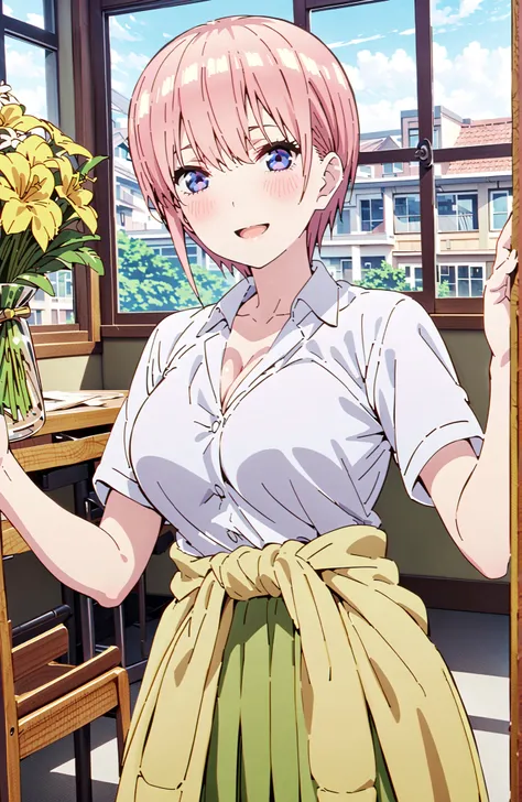 Nakano Ichika, short hair, bungs, blue eyes, hair between eyes, pink hair,Big Breasts, cleavage,in their 40s skirt, shirt, uniform, white shirt, Short Sleeves, green mini pleated skirt, collared shirt, white socks, yellow clothes around the waist,Short sle...