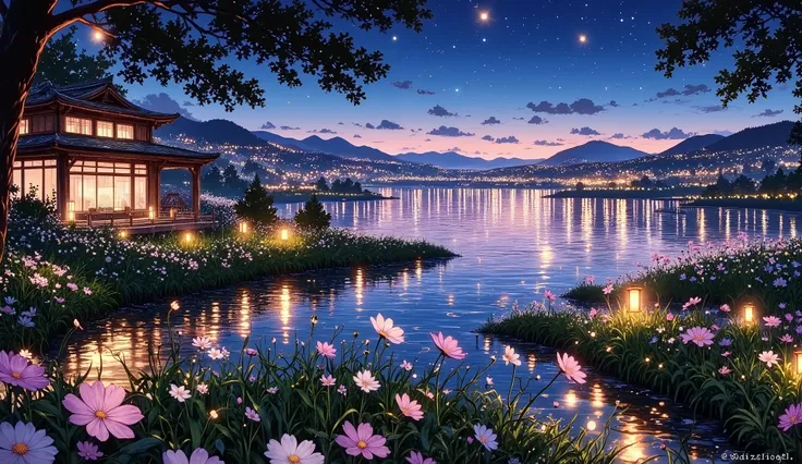 master part, splendid, landscape, (((_Humas ))), night, flower, garden, starry sky , Constellations, awesome, vista, Water, hot, cozy, peaceful, Meteor, cosmic, magic, magic, particles, fair, ((fireflies))