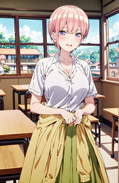 Nakano Ichika, short hair, bungs, blue eyes, hair between eyes, pink hair,Big Breasts, cleavage,in their 40s skirt, shirt, uniform, white shirt, Short Sleeves, green mini pleated skirt, collared shirt, white socks, yellow clothes around the waist,Short sle...