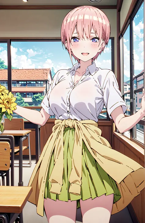 Nakano Ichika, short hair, bungs, blue eyes, hair between eyes, pink hair,Big Breasts, cleavage,in their 40s skirt, shirt, uniform, white shirt, Short Sleeves, green mini pleated skirt, collared shirt, white socks, yellow clothes around the waist,Short sle...