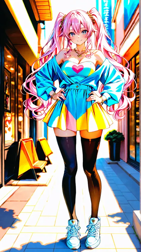 The image depicts a woman standing in the sun on a route at sunset。  Her body length 、Wavy Hair，wearing a strapless white mini skirt，with pink heart pattern。 For Footwear，fits her white heels and white sneakers。 Accessories Including Gold Necklace and Bracelet。 Pose Easy Confidence，One Hand Placed on Hips，Another Hand Strokes Her Hair。 This scene is an outdoor urban element and natural light，decorated with a bright sunset on the sidewalk Wear warm golden tones and long shadows。 Composition Adopts Front View，Photos awaken a vibrant energy。