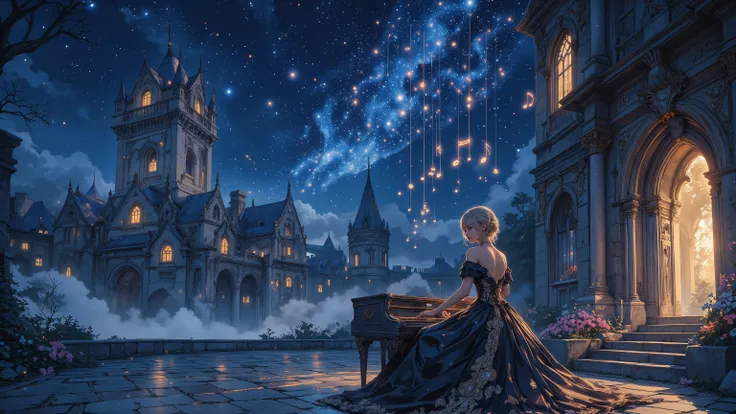 In a wide 16:9 cinematic composition, a woman in an elegant black and gold embroidered gown stands gracefully on the right side of a vast stone courtyard, playing a harpsichord under the night sky. Each note she plays rises into the air as glowing musical ...