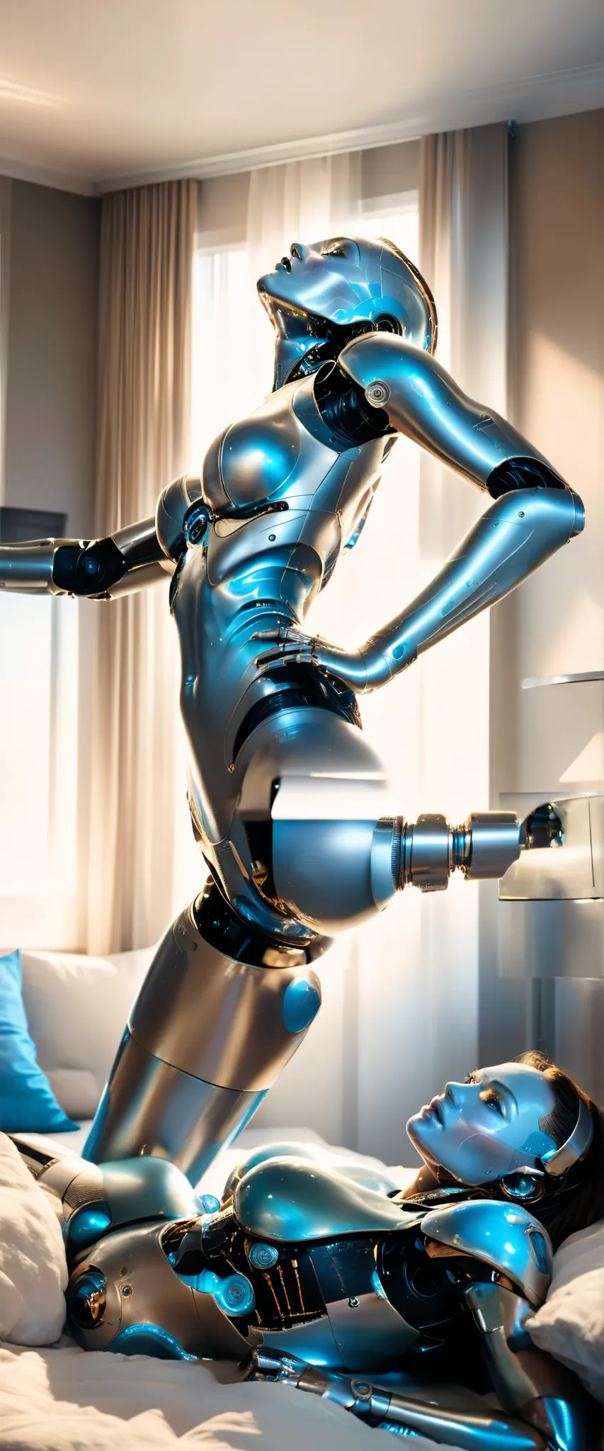 busty sex android in bed room, ((anal_penetration)),(rating_explicit),detailed cyborg female android, realistic detailed face of 18yo girl, expressive android expression, pristine blue android body, erotic android posture, high quality, hyper realistic, 16...