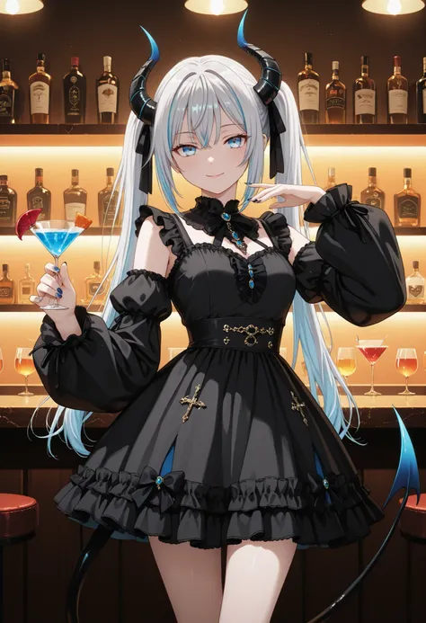 anime-style full-body illustration of a cute girl with long silver hair with blue highlights in twin tails, wearing a primarily black gothic ta outfit with subtle blue accents, oversized sleeves, black curved horns on her head, bright blue eyes, long blue ...