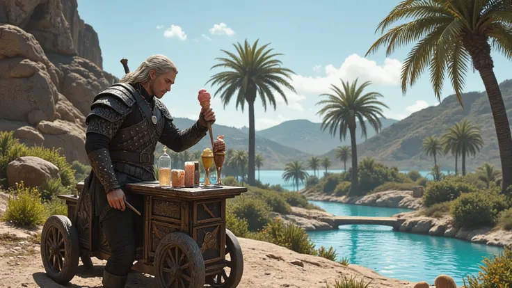 Geralt of Rivia, selling ice cream on his ice cream cart on an oasis in the desert with cold water pool under the palm trees, 