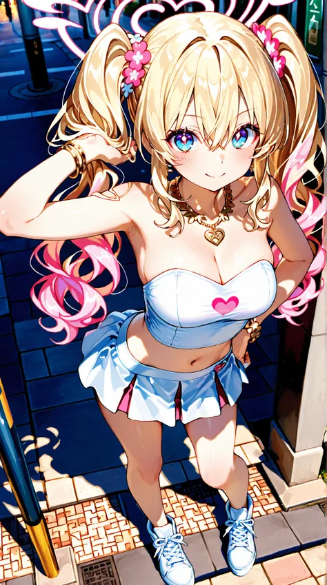 The image depicts a woman standing in the sun on a route at sunset。  Her body length 、Wavy Hair，wearing a strapless white mini skirt，with pink heart pattern。 For Footwear，fits her white heels and white sneakers。 Accessories Including Gold Necklace and Bracelet。 Pose Easy Confidence，One Hand Placed on Hips，Another Hand Strokes Her Hair。 This scene is an outdoor urban element and natural light，decorated with a bright sunset on the sidewalk Wear warm golden tones and long shadows。 Composition Adopts Front View，Photos awaken a vibrant energy。