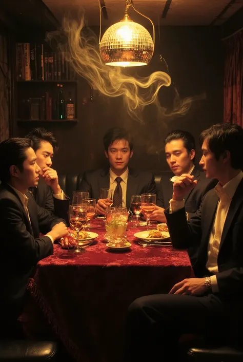 cinematic film "In a secret underground bar, a group of extravagant and debauched figures gather around a worn velvet table, an old disco lamp flickering above them. The dark ambient lighting reveals smoke curling in the air; glasses half-full of glowing l...