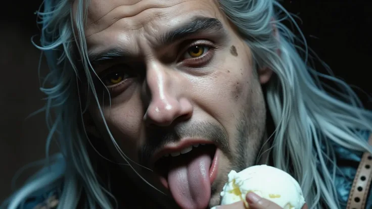 Geralt of Rivia, medium close up, eating ice cream, looking at the viewer, tongue out, teasing, seducing
