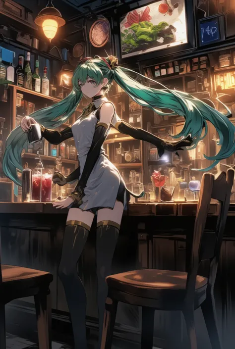 ( masterpiece、 最High Quality、 最High Quality、official art、 beautiful beautiful :1.2) Hatsune Miku、Light Green Twin Tails, beautiful breasts, speakeasy, speakeasy interior, 1940's Style , Dimly lit bar, Wooden furniture, Brass Accents , vintage decorati...