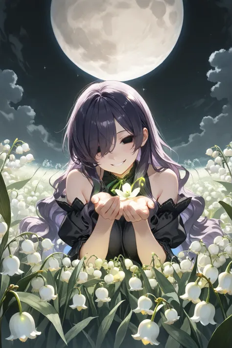 ((Masterpiece)),((best quality)),((incredibly absurdres)),((8K)),
1girl,solo,dark purple hair,very long hair,wavy hair,fluffy hair,big hair,hair over one eye,black eyes,BREAK,
black dress,offshoulder,BREAK,
hollow eyes,seductive smile,BREAK
put both hands ...