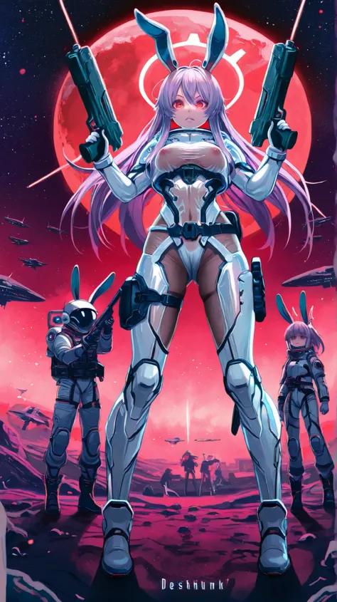 masterpiece、Best Quality、8k、Reisen Inaba Udongein,Sf, near future,White battle suit,White space suit, space military, White-based science fiction space combat uniform、cyberpunk, Outside the future space station、Guns of Science Fiction,Guns of Science Ficti...