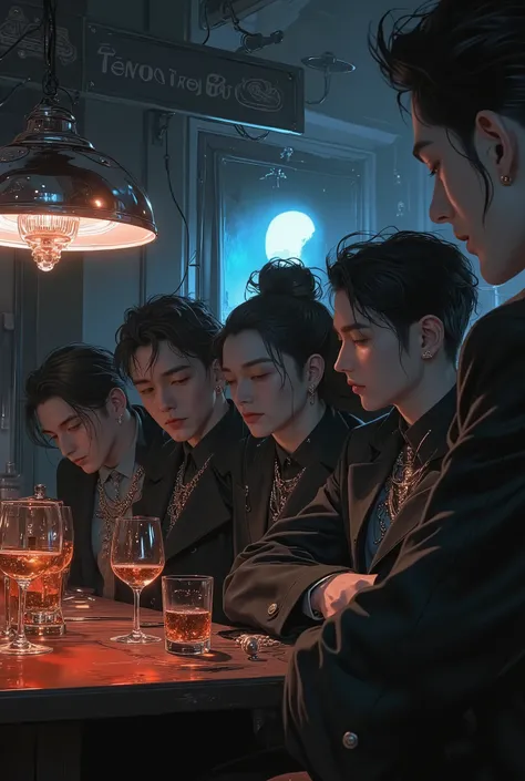 cinematic film "In a secret underground bar, a group of extravagant and debauched figures gather around a worn velvet table, an old disco lamp flickering above them. The dark ambient lighting reveals smoke curling in the air; glasses half-full of glowing l...