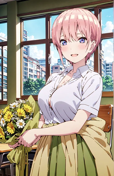 Nakano Ichika, short hair, bungs, blue eyes, hair between eyes, pink hair,Big Breasts, cleavage,in their 40s skirt, shirt, uniform, white shirt, Short Sleeves, green mini pleated skirt, collared shirt, white socks, yellow clothes around the waist,Short sle...