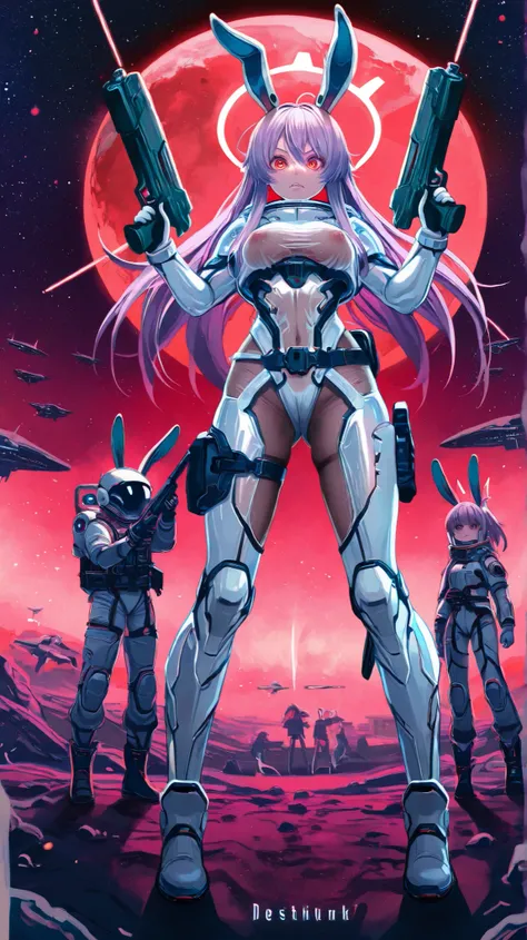 masterpiece、Best Quality、8k、Reisen Inaba Udongein,Sf, near future,White battle suit,White space suit, space military, White-based science fiction space combat uniform、cyberpunk, Outside the future space station、Guns of Science Fiction,Guns of Science Ficti...