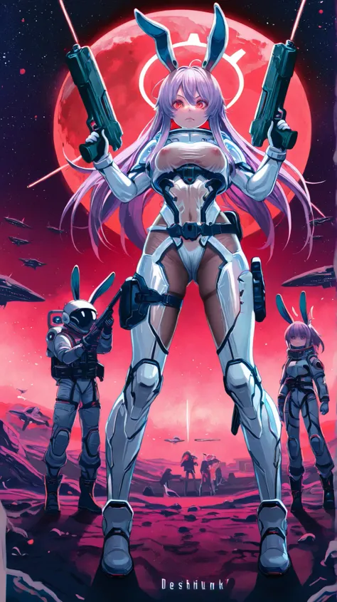 masterpiece、Best Quality、8k、Reisen Inaba Udongein,Sf, near future,White battle suit,White space suit, space military, White-based science fiction space combat uniform、cyberpunk, Outside the future space station、Guns of Science Fiction,Guns of Science Ficti...