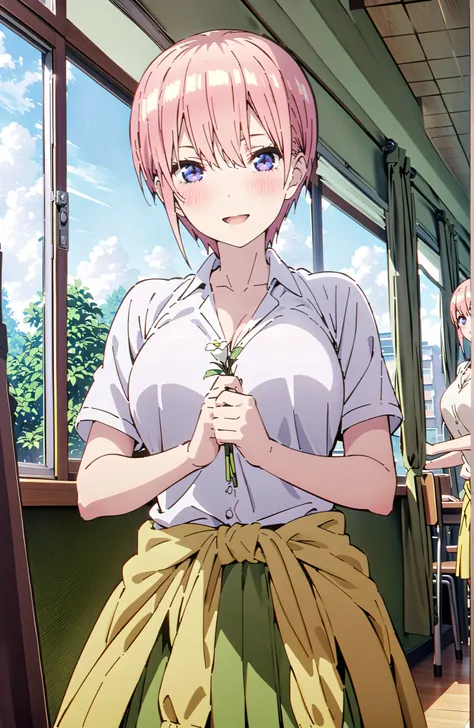 Nakano Ichika, short hair, bungs, blue eyes, hair between eyes, pink hair,Big Breasts, cleavage,in their 40s skirt, shirt, uniform, white shirt, Short Sleeves, green mini pleated skirt, collared shirt, white socks, yellow clothes around the waist,Short sle...