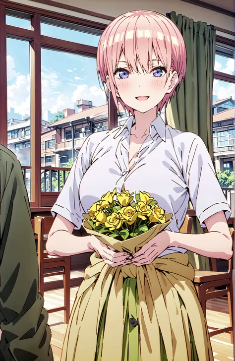 Nakano Ichika, short hair, bungs, blue eyes, hair between eyes, pink hair,Big Breasts, cleavage,in their 40s skirt, shirt, uniform, white shirt, Short Sleeves, green mini pleated skirt, collared shirt, white socks, yellow clothes around the waist,Short sle...