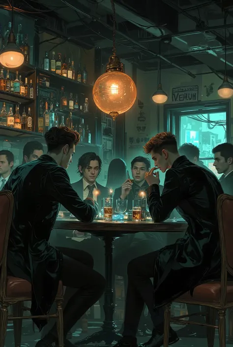 secret underground bar

hidden speakeasy

low-lit interior

dark ambient lighting

moody atmosphere

smoke-filled air

gritty noir tone

vintage decay

Characters & Composition:

eccentric people around table

bohemian misfits

debauched partygoers

myster...