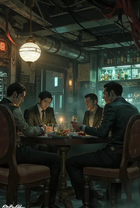 secret underground bar

hidden speakeasy

low-lit interior

dark ambient lighting

moody atmosphere

smoke-filled air

gritty noir tone

vintage decay

Characters & Composition:

eccentric people around table

bohemian misfits

debauched partygoers

myster...
