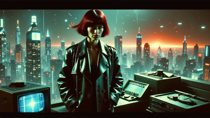 A beautiful cyberpunk woman with short red hair and a black leather trench coat standing on a rooftop ledge at night, overlooking the neon-lit city — wind blowing her coat, glowing cybernetic eye, 1980s synthwave cityscape behind her, old cathode-ray monit...