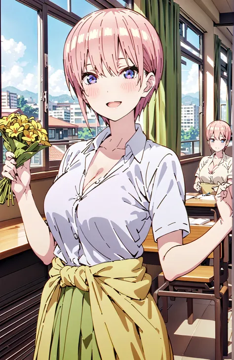 Nakano Ichika, short hair, bungs, blue eyes, hair between eyes, pink hair,Big Breasts, cleavage,in their 40s skirt, shirt, uniform, white shirt, Short Sleeves, green mini pleated skirt, collared shirt, white socks, yellow clothes around the waist,Short sle...