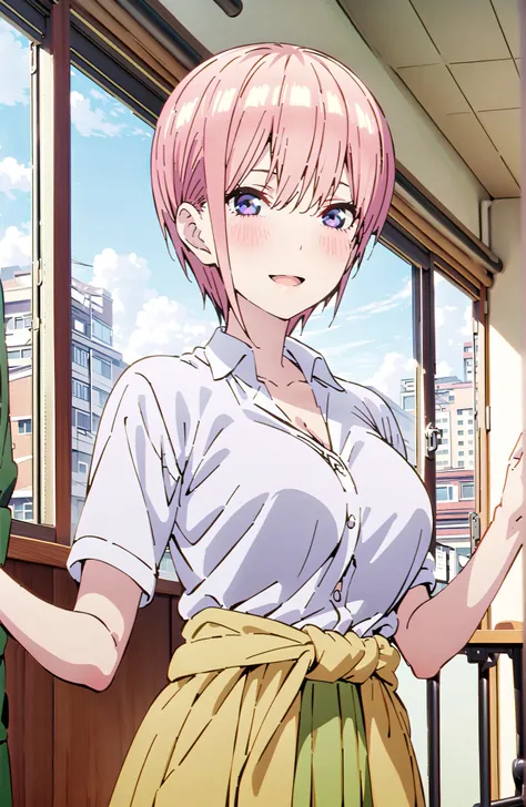 Nakano Ichika, short hair, solo,bungs, blue eyes, hair between eyes, pink hair,Big Breasts, cleavage,in their 40s skirt, shirt, uniform, white shirt, Short Sleeves, green mini pleated skirt, collared shirt, white socks, yellow clothes around the waist,Shor...