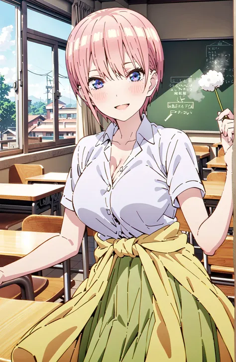 Nakano Ichika, short hair, solo,bungs, blue eyes, hair between eyes, pink hair,Big Breasts, cleavage,in their 40s skirt, shirt, uniform, white shirt, Short Sleeves, green mini pleated skirt, collared shirt, white socks, yellow clothes around the waist,Shor...